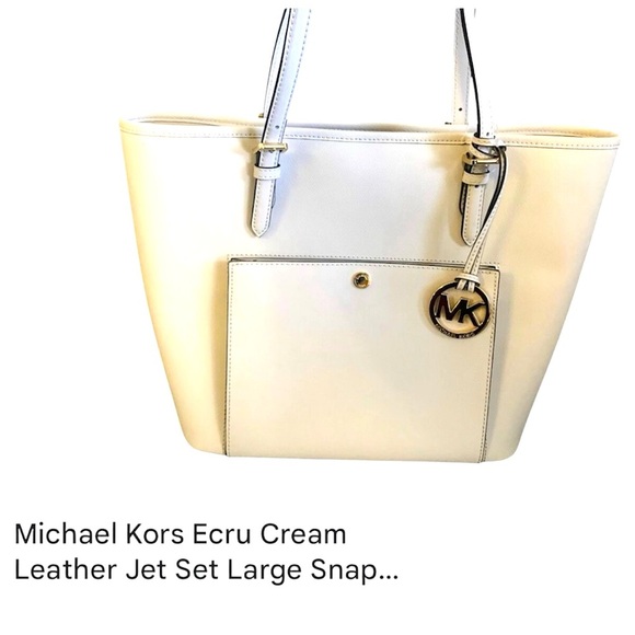 MICHAEL Michael Kors Handbags - NWOT Michael Kors Ecru Cream Leather Jet Set Large Snap Pocket Tote Bag NEW